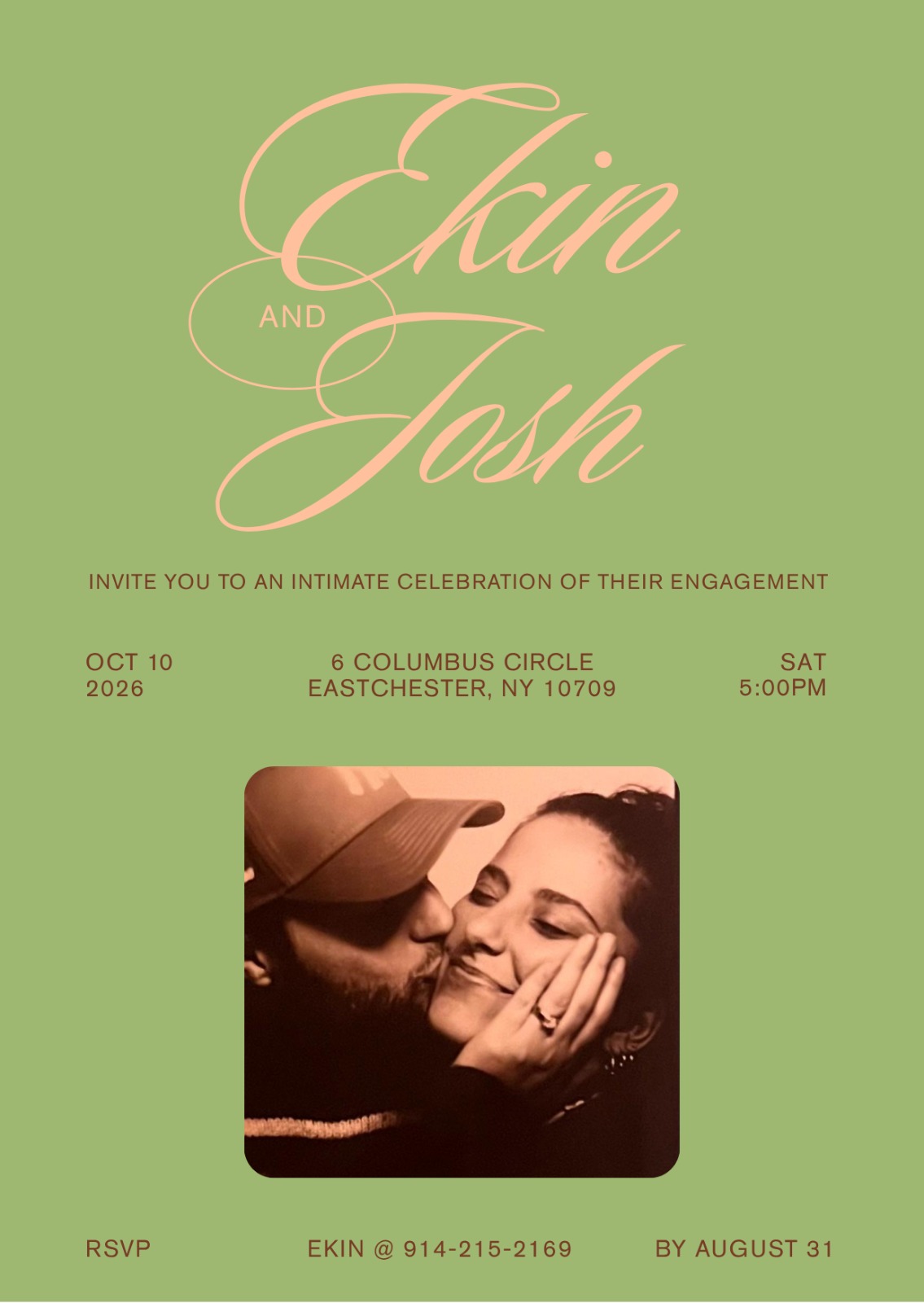 Ekin and Josh engagement party celebration invitation for Saturday, October 10, 2026 at 5:00 PM at 6 Columbus Circle, Eastchester, NY